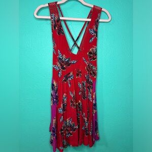 FREE PEOPLE Red Pink Tropical Floral Thought I Was Dreaming Mini Swing Dress XS